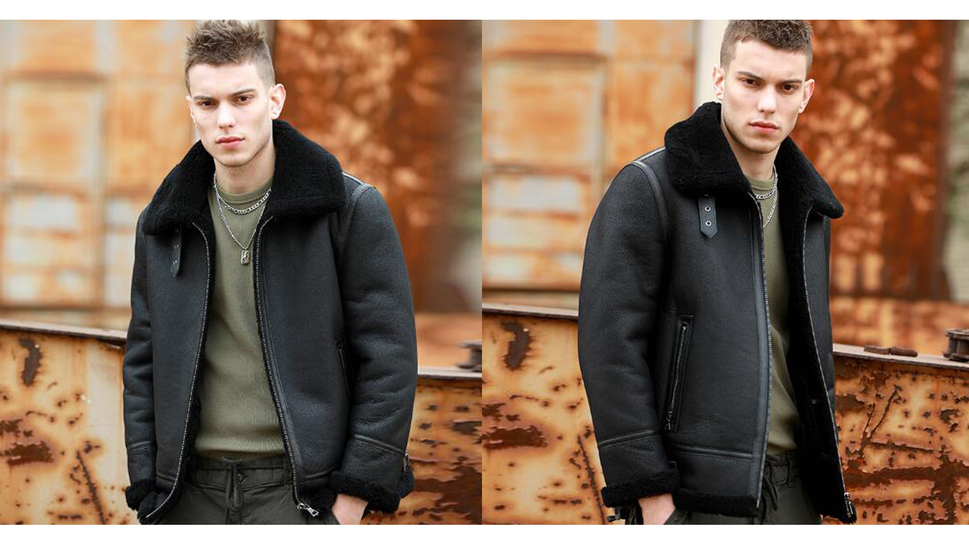 Denny&Dora Men's Black Shearling Jacket Natural Shearling Leather